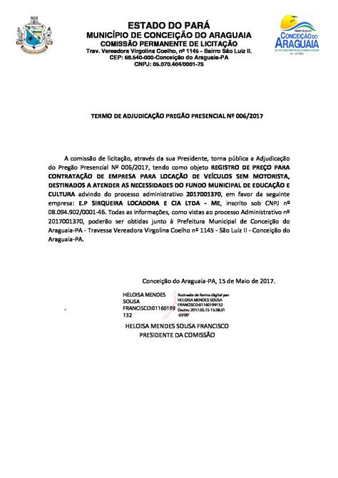 Termo De Adjudica O Prefeitura Municipal De Concei O Do Araguaia