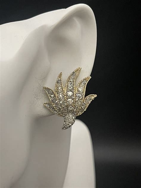 Vintage Boucher Gold Pave Rhinestone Leaves Clip Earr Gem