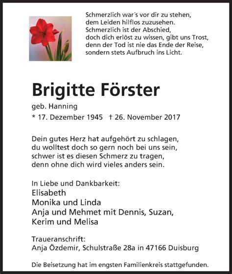 Traueranzeigen von Brigitte Förster Trauer in NRW de