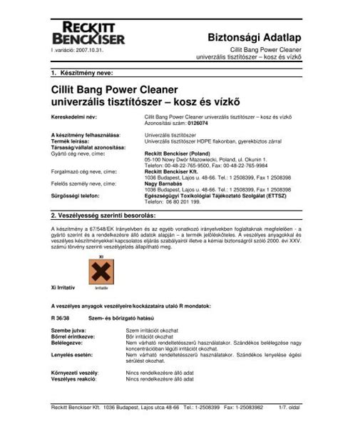 Cillit Bang Degreaser Safety Data Sheet Big Codes Ids Deutschland De