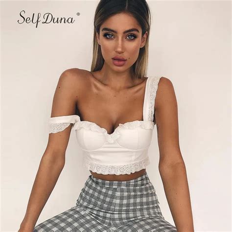 Self Duna Summer Women Crop Top White Lace Tanks Top Hollow Out V Neck Backless Sexy Short