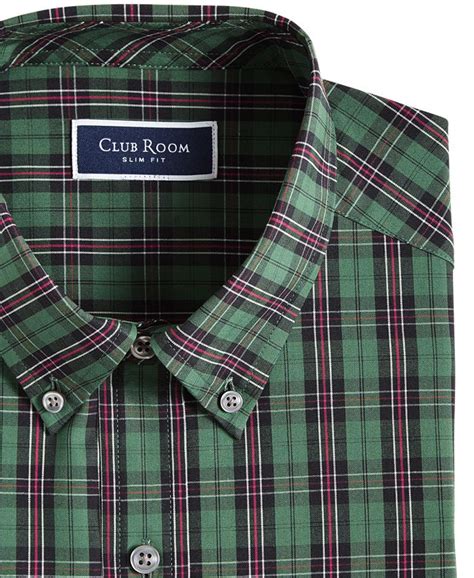 Club Room Mens Slim Fit 4 Way Stretch Plata Plaid Dress Shirt Created