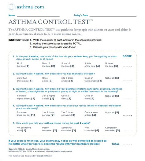 Asthma Control Test Printable Version