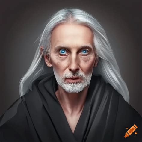 Portrait Of A Mature Magician With Blue Eyes And Long Gray Blond Hair