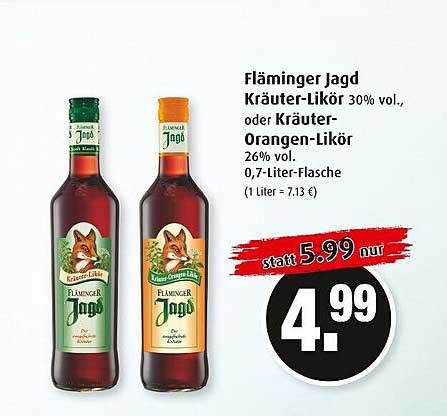 Fläminger Jagd Kräuter likör Oder Kräuter Orangen likör Angebot bei