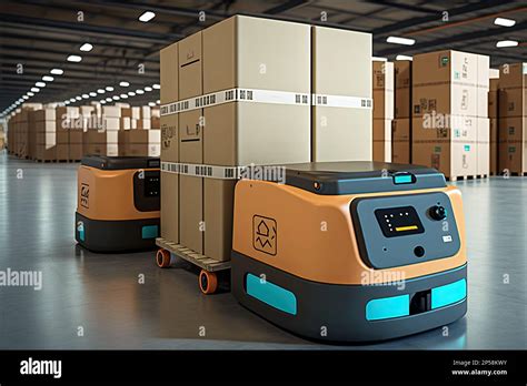 Avg Forklifts Moving Boxes In A Warehouse 3d Rendering Stock Photo Alamy