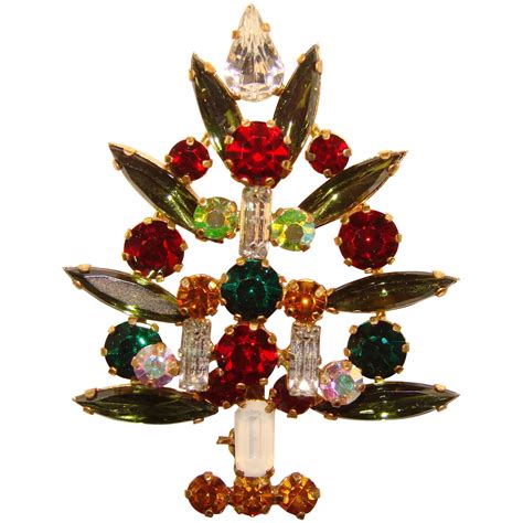 Fabulous AUSTRIA Signed Christmas Tree Vintage Rhinestone Brooch Ruby