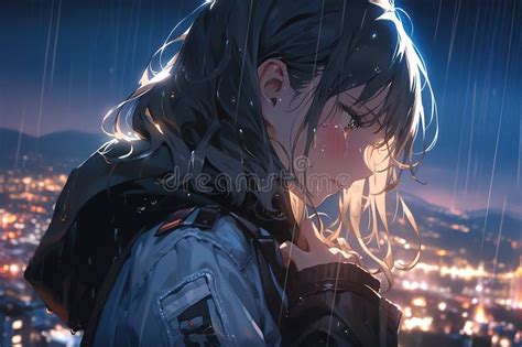 Sad Lonely Anime Girl Crying in the Rain Against the Backdrop of the ...