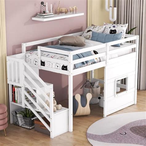 Harper Bright Designs White Wood Frame Twin Size Loft Bed With