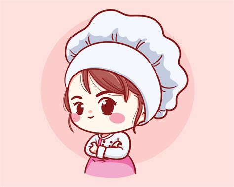 Cute Bakery Chef Girl Arms Crossed Smiling Cartoon Art Illustration