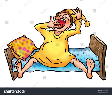 Cartoon Man Seat On His Bed In Pyjamas And Yawn Pillow And Sheet Are