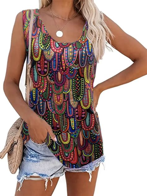 Ethnic Print Tank Top Casual Crew Neck Sleeveless Summer Temu