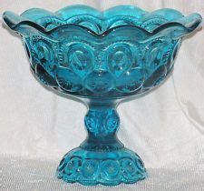 Vintage Le Smith Glass Moon Stars Aqua Blue Turquoise Large Compote