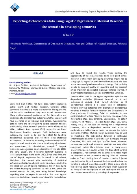 Pdf Reporting Dichotomous Data Using Logistic Regression In Medical Research The Scenario In