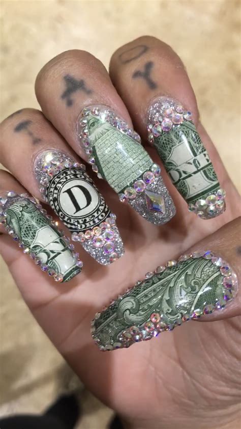 Long Nails Real Money I Got The D For My Initial And I Get Money Nails For My Birthday 💚 Nails