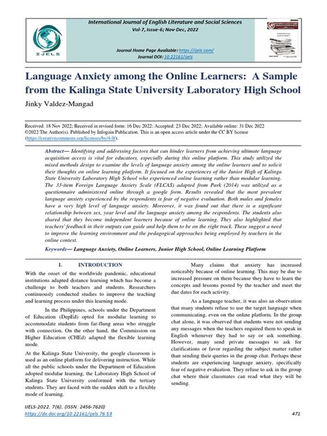 Language Anxiety Among The Online Learners A Sample From The Kalinga