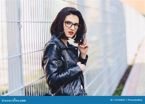 Woman In Glasses In Leather Jacket On Street Stock Image Image Of