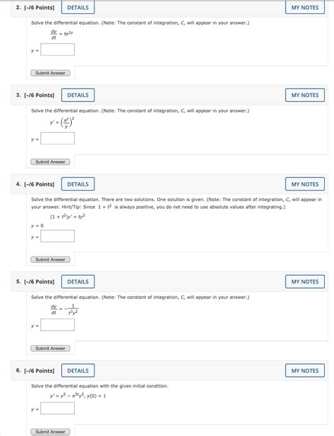 Solved Dtdy Te2y Y 6 Points Solve The Differential Chegg