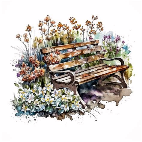 Cozy And Inviting Watercolor Wooden Garden Benches With Spring Blooms