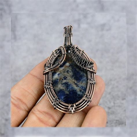 Cheap Sodalite Gemstone Pure Copper Wire Wrap Handmade Jewelry Pendant