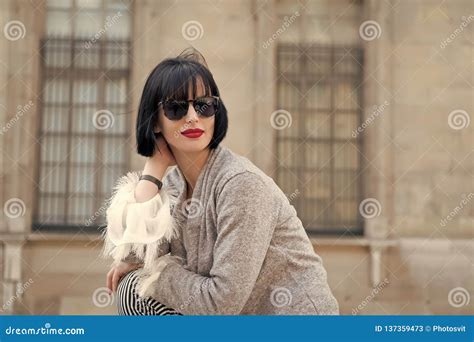 Woman With Brunette Hair Red Lips Makeup Beauty Sensual Woman In Sunglasses Pose In Paris