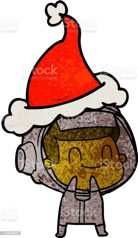 Happy Hand Drawn Textured Cartoon Of A Astronaut Wearing Santa Hat