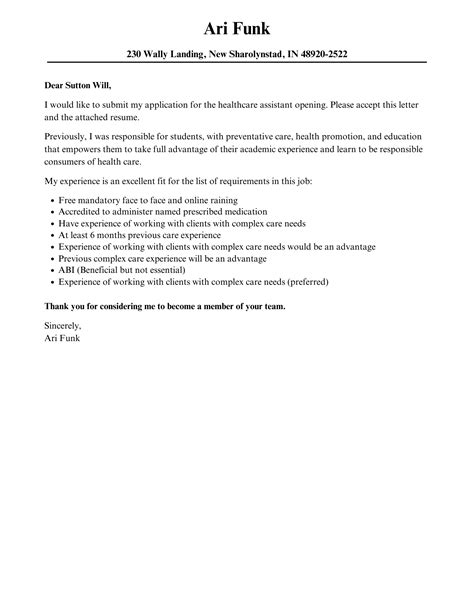 Healthcare Assistant Cover Letter Velvet Jobs