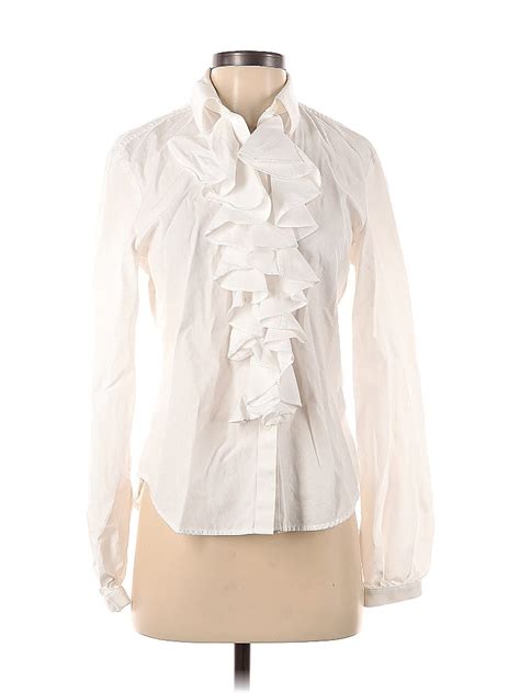 Lauren By Ralph Lauren 100 Cotton Solid White Ivory Long Sleeve Blouse