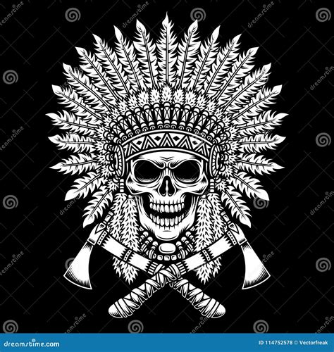 American Indian Chief Skull With Crossed Tomahawks On Black Background