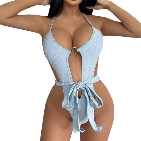 Womens One Piece Swimsuits Womens Solid Color Sexy Swimsuit Tie Tight Backless Bikini Push Up