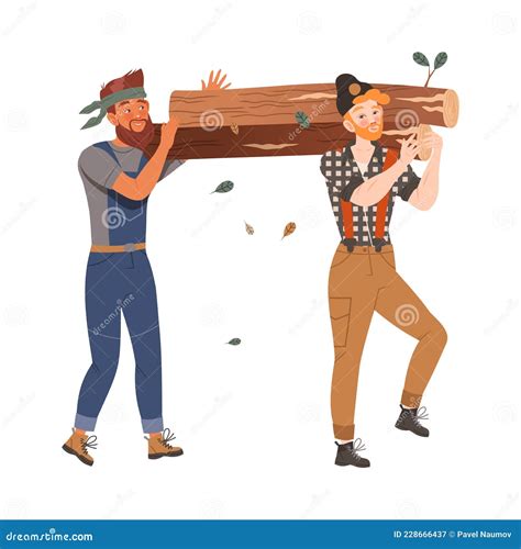 Bearded Woodman Or Lumberman In Checkered Shirt With Axe And Log Vector