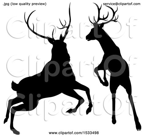 Clipart Of Black Silhouetted Deer Stag Bucks Rutting Royalty Free Vector Illustration By