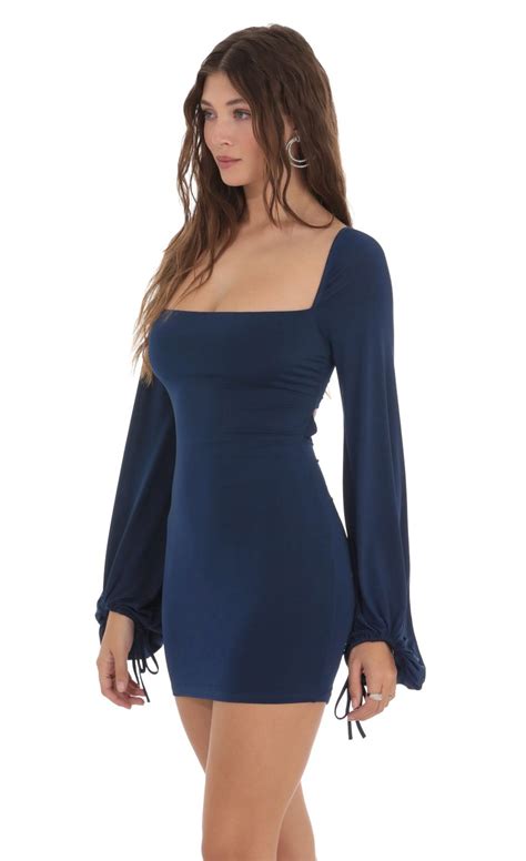 Balloon Sleeve Bodycon Dress In Navy Lucy In The Sky