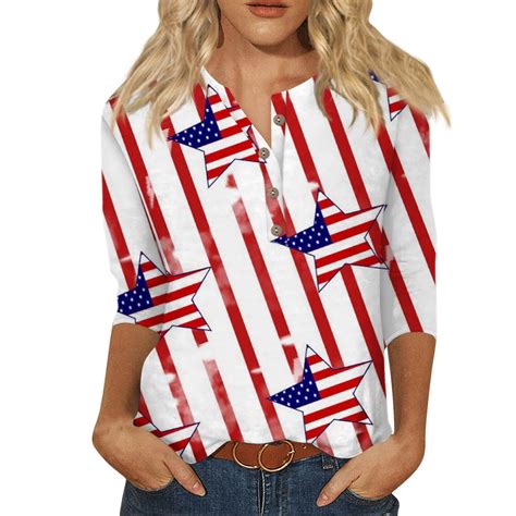 Womens American Flag Fashion Patriotic Tops 3 4 Sleeve Button Henley