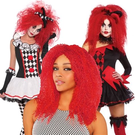 Cool Clown Red Crimped Wig Hair Style Jesterina Harley Quinn Halloween