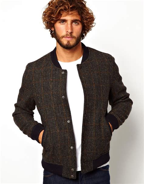 Asos Harris Tweed Bomber Jacket In Black For Men Lyst