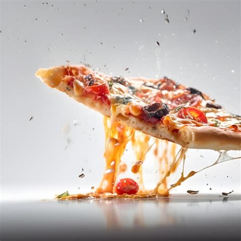 Premium AI Image A Slice Of Pizza Being Lifted Into The Air With A