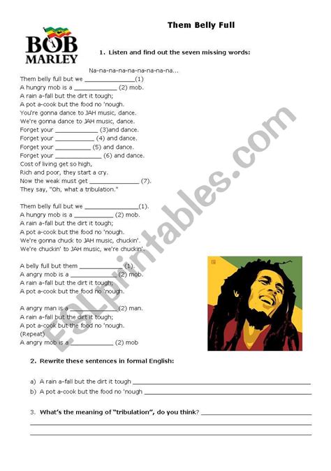 Them Belly Full Bob Marley Esl Worksheet By Teacherelen