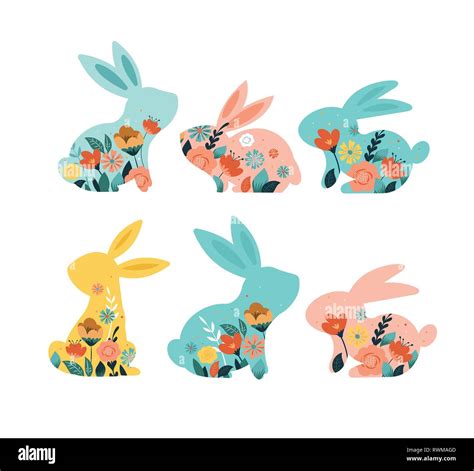 Happy Easter Vector Illustrations Of Bunnies Rabbits Icons Decorated