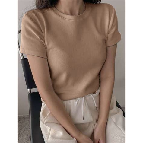 Kily Ph Full Length Plain Shirt Round Neck T Shirt Basic Tops Cotton