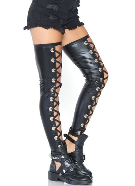 Grommet Wet Look Footless Thigh Highs Gothic Leggings Black Leggings