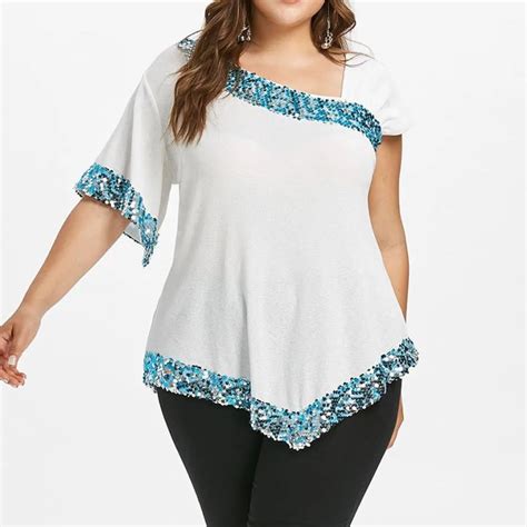 Large Size 4xl Womens Plus Size Bead Sequins Short Sleeve Blouse Shirt Tops Cold Shoulder Top