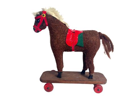 Vintage German Horse Pull Toy Wood Wool And Fur Nursery Decor Equestrian