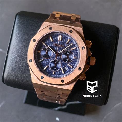 Mod Seiko Royal Oak Chronograph Everrose Gold Navy Blue Men S