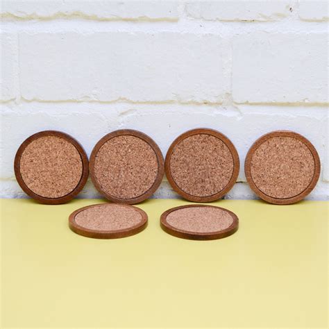 Vintage Set Of Six Coasters Wood And Cork Round Drinks Etsy UK Cork