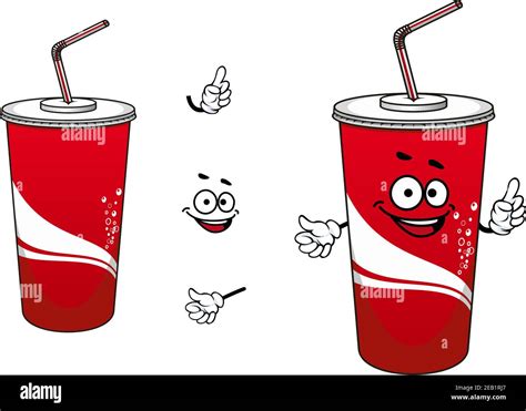 Funny cola or soda cartoon character depicting red paper cup with lid and straw decorated white ...