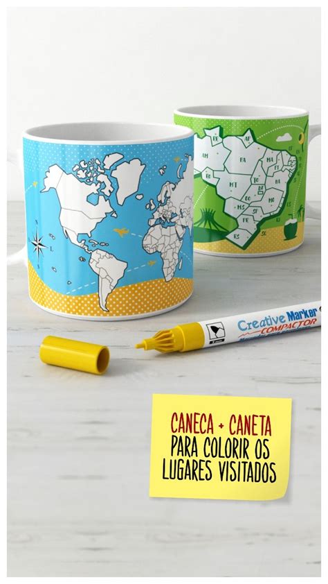 Canecas do Viajante para colorir os lugares visitados Mapa múndi e