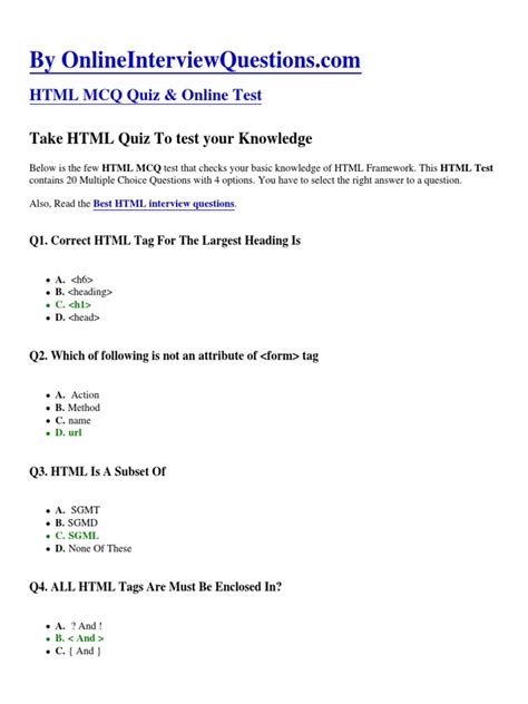 Html Mcq Questions Pdf Html Element Html