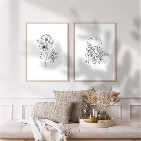 Minimal Flower Naked Woman Line Art Floral Line Art Feminine Woman Poster Set Minimalist