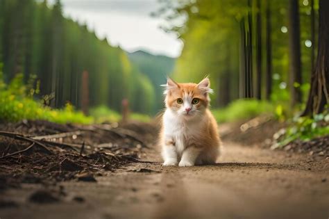 Un Gato Con La Lengua Fuera Est Sentado En Un Camino En Un Bosque